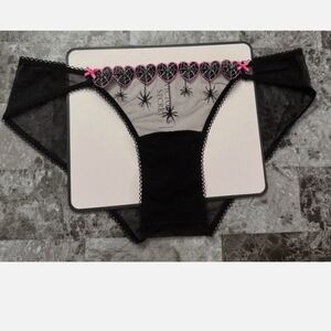 Victoria's Secret Black & Pink Heart Embroidered Mesh Bikini Panty